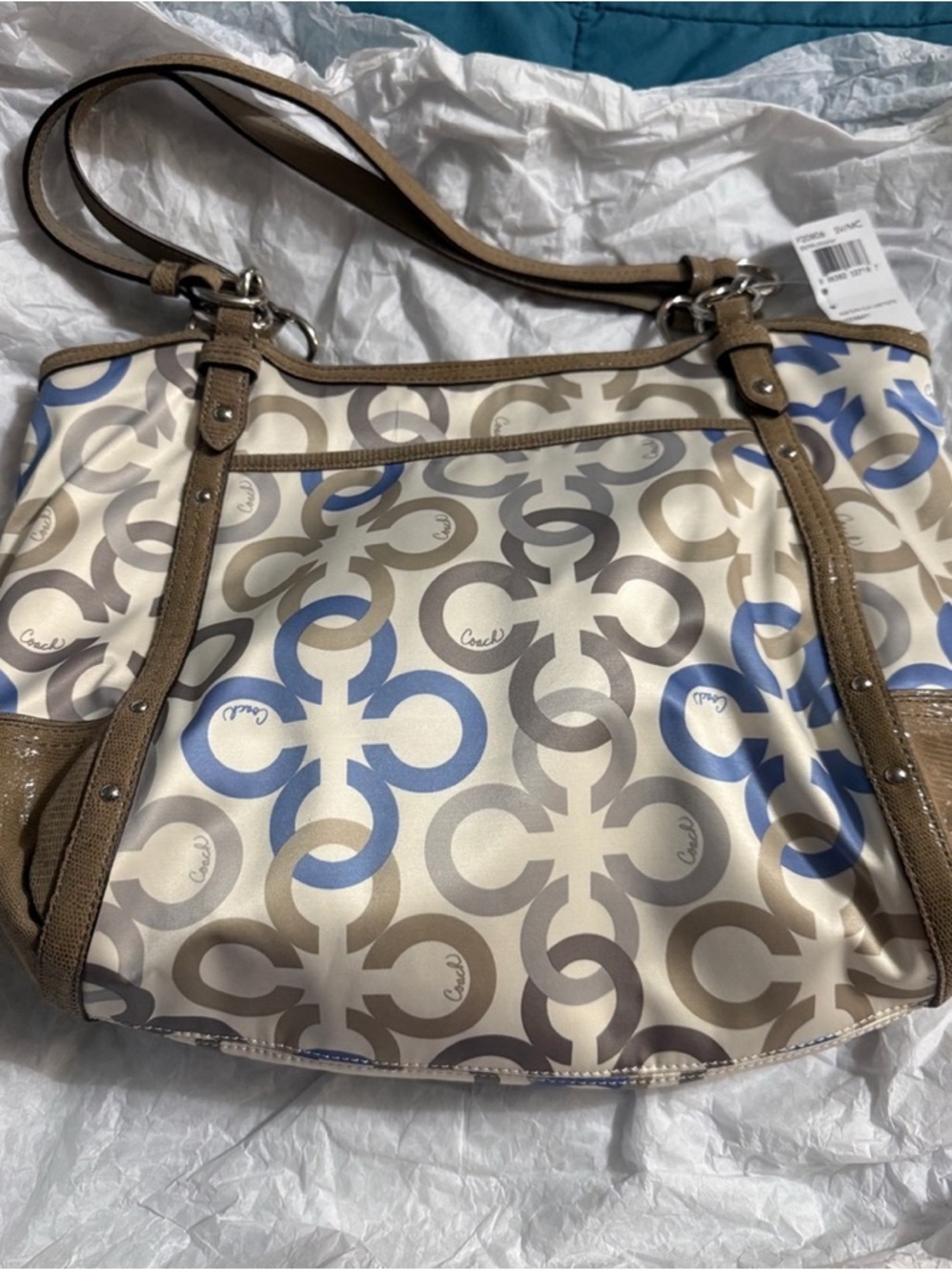 Coach Shoulder Bag in Beige, Taupe & Blue Signature Print